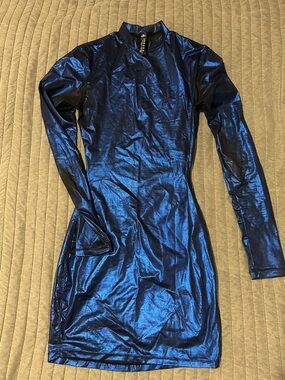 Shimmery Blue Long-Sleeve Bodycon Mini Dress